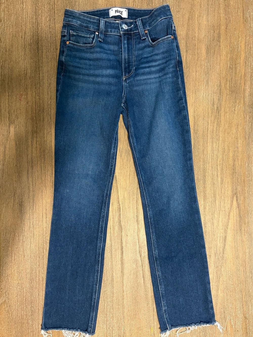 PAIGE Cindy Petite Jeans Size 24 Dark Wash Raw Hem Straight Leg Stretch Denim